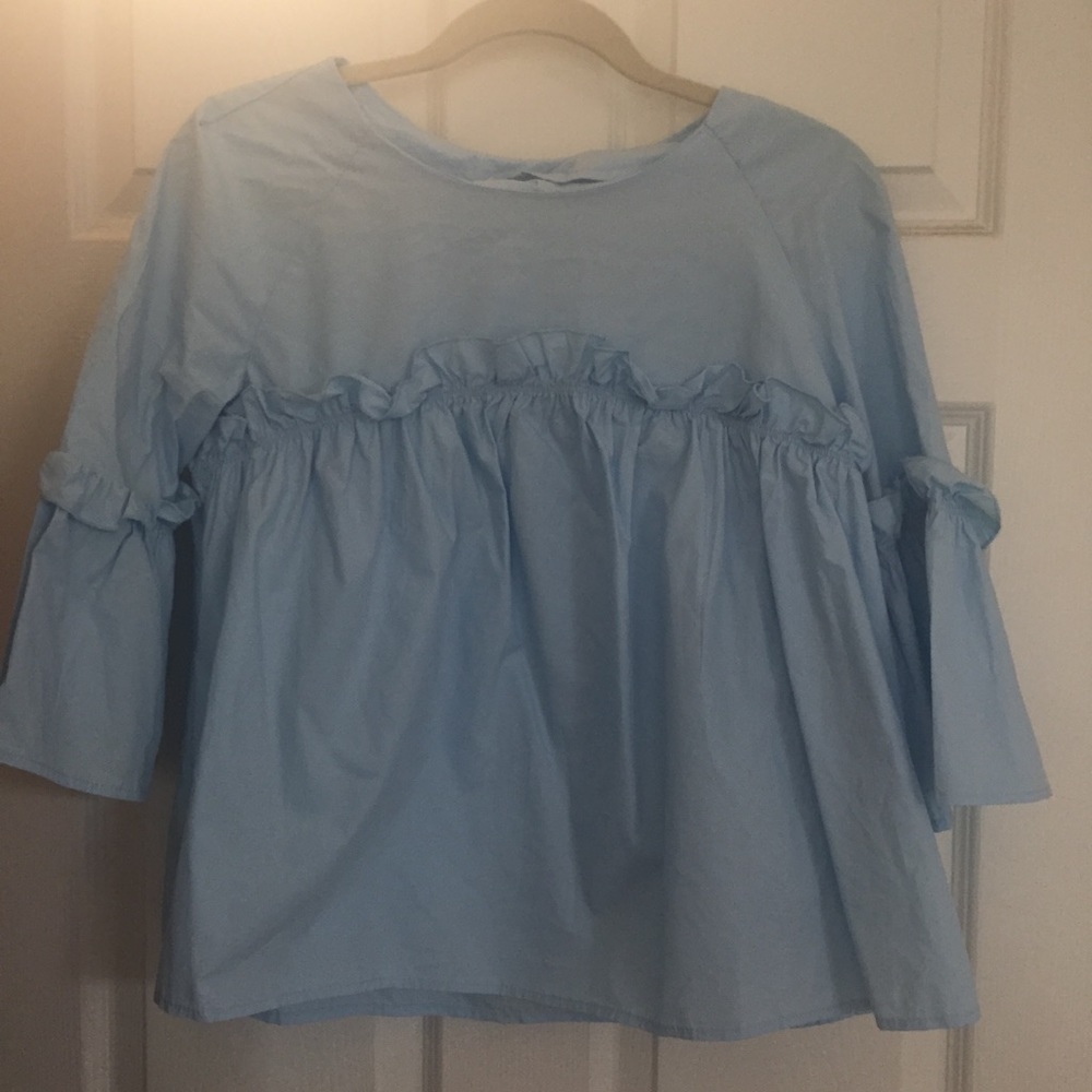 Baby Blue Bell Sleeve Ruffle Blouse NWT